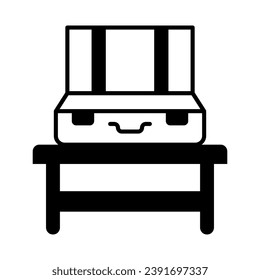 Opened, empty suitcase on the table solid icon, security check concept, opened bag vector sign on white background, glyph style icon for mobile concept and web design. Vector graphics