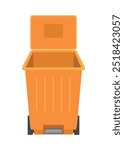 Opened empty wheeled trash bin with step pedal. Simple flat illustration.