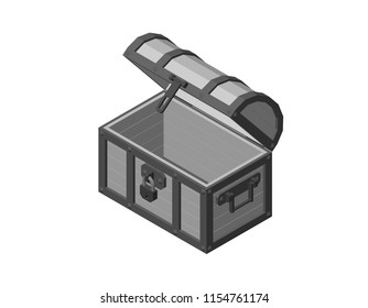 Opened empty wooden chest. Isolated on white background. 3d Vector illustration. Isometric projection.