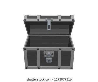 Opened empty wooden chest. Isolated on white background. 3d Vector illustration. Front view.
