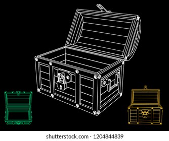 Opened empty wooden chest. Vector outline illustration. Different viewes.