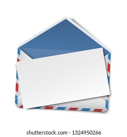 Opened envelope with blank white card, blank note, blank invitation or greeting card template. Vector illustration on white background