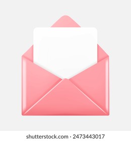 Opened envelope with card in 3D style isolated on gray background. Open envelope icon with letter. Vector illustration