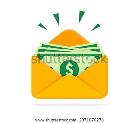 Opened envelope with cash money. Dollar bills in paper envelope. Banknotes sending by mail. Salary, savings, financial gift, bonus and earning concept. Vector illustration.