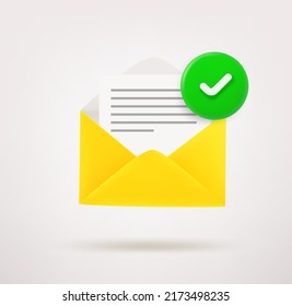 Opened envelope with checkmark. 3d vector icon