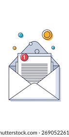 An opened envelope containing a document with a notification badge. .