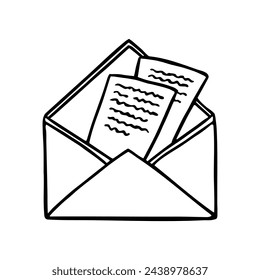 Opened envelope with correspondence. Outline hand drawn doodle symbol of letter. Received or send mail. Postal message. Retro post office element. Isolated vector illustration