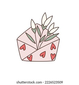 Opened envelope decorated with hearts  full of flowers snowdrops or tulips. Valentine's day doodle vector illustration. Pink color design element for creating valentines, gift tags, greeting cards. 