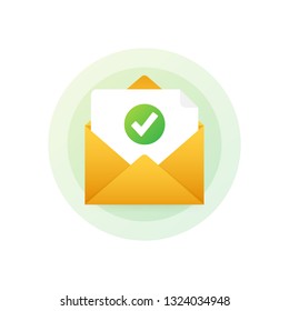 Opened Envelope And Document With Green Check Mark. Verification Email. Vector Stock Illustration.