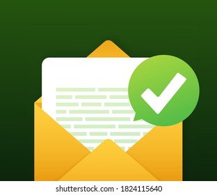 Opened envelope and document with green check mark. Verification email. Vector illustration.