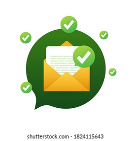 Opened envelope and document with green check mark. Verification email. Vector illustration.