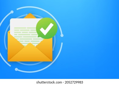 Opened envelope and document with green check mark. Verification email. Vector illustration.