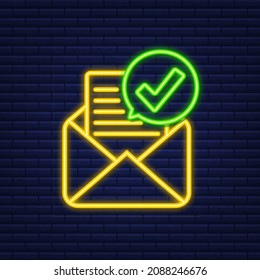 Sobre abierto y documento con marca de verificación verde. Icono de Neon. Correo electrónico de verificación. Ilustración vectorial.