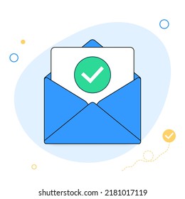 Opened envelope and document with green check mark line icon. Official confirmation message, mail sent successfully, e-mail delivery, verification email. Flat design. Vector