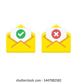 Opened envelope and document with green tick and red cross checkmarks icon. Confirmation or rejection Email concept. Vector illustration in flat style. EPS 10.