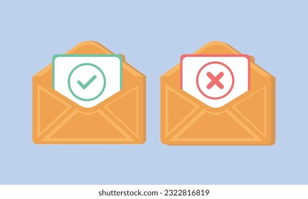Opened envelope and document with red cross mark icon.on blue background