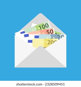 Sobre abierto con billetes en euros. Ilustración vectorial del concepto de pago, salario, inversión, corrupción en forma plana.