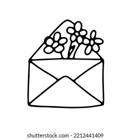 Geöffneter Umschlag mit Blumen. Cute-Doodle-Illustration einzeln auf Weiß