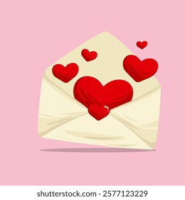 Opened envelope with flying hearts  decorative for anniversary, valentine's day, romantic concept, with pink background.