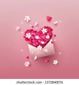 Opened envelope full of origami hearts of pink color and spring blossoms, forming a big heart. Vector illustration of love mail message. Paper cut, digital craft style