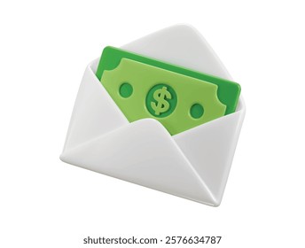 Opened envelope with green banknotes icon 3d render concept of Salary, Dollar notes, Business financial investment icon vector illustration