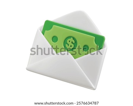 Opened envelope with green banknotes icon 3d render concept of Salary, Dollar notes, Business financial investment icon vector illustration