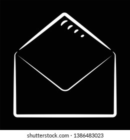 
Opened envelope hand-drawn with a white contour on a black background.  Stock vector illustration. Settings. Icon. Sketch. Symbol.