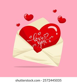 Opened Envelope with hearts coming out decorative for anniversary, valentine's day, romantic concept, with pink background.