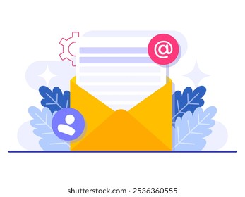 Opened envelope with a letter, Email marketing flat illustration, Online business strategy, Advertising, Email newsletter, messaging, Marketing material concept