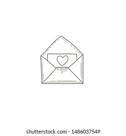 Opened envelope with letter inside. doodle icon. Heart illustration