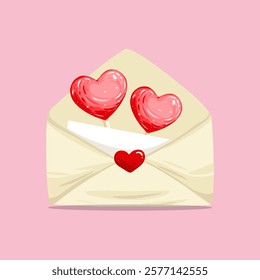 Opened envelope with a letter and a lollipop inside, decorative for anniversary, valentine's day, romantic concept, with pink background.