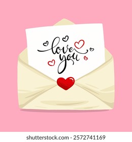 opened envelope with love letter out decorative for anniversary, valentine's day, romantic concept, with pink background.