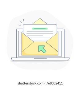 Opened envelope, message, subscription letter or email. Incoming inbox message or email has been read. Envelope with cursor arrow. Modern trendy design UI element. 