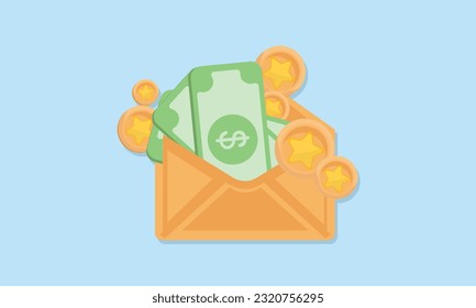 Opened envelope with money and floating coins. Cash bonus. Receiving payment or invoice. Salary bill. Send dollar in mail.