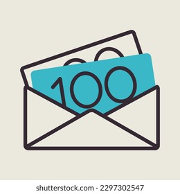 Opened envelope with money isolated icon. Vector illustration, romance elements. Sticker, patch, badge, card for marriage, valentine
