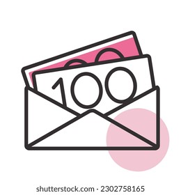 Opened envelope with money isolated icon. Vector illustration, romance elements. Sticker, patch, badge, card for marriage, valentine