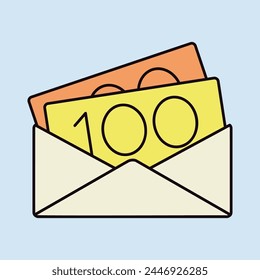 Sobre abierto con dinero aislado icono. Ilustración vectorial, Elementos románticos. Pegatina, parche, placa, tarjeta para el matrimonio, San Valentín