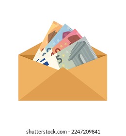 Opened envelope with money isolated on white background. Europen bill cash money. Cartoon money. Euro currency banknote. Salary, earning and savings concept. Vector stock