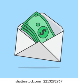 Opened Envelope With Money Vector Illustration. Dollar Bills. Salary, Earning And Savings Concept Flat Icon Outline