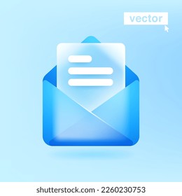 Opened envelope with note paper card in glassmorphism style. Mail icon made of matte glass and blue blur back. Vector illustration for social presentation, UI screen, business banner, app design.