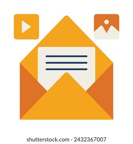 Opened envelope with note paper card. Mail icon.