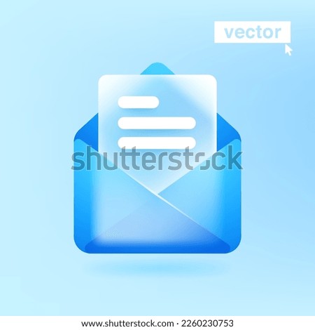 Opened envelope with note paper card in glassmorphism style. Mail icon made of matte glass and blue blur back. Vector illustration for social presentation, UI screen, business banner, app design.