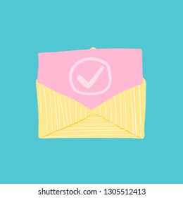 Opened Envelope and Pink Document with Check Mark Icon. Official Confirmation Message, Mail Sent successfully, Email Delivery, Verification or Registration Email. Hand Drawn Childish Design