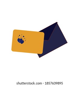 Geöffneter Umschlag mit Postkarte und Herz. Ein Symbol der Liebe und ein Zeichen des Valentinstag für die Registrierung der Glückwünsche zu den Feiertagen. Einzelnes Element auf weißem Hintergrund.Vektorgrafik.