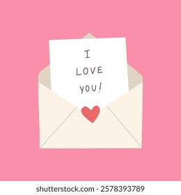 Opened envelope with red heart seal and paper with "I Love You" words inside isolated on pink background. Concept of Valentine's Day, Love letter, wedding invitation, message. Flat vector illustration