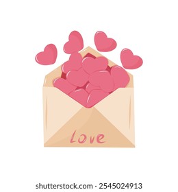 Opened envelope with red hearts inside. Valentine's Day, Romance, Love concept. Isolated Illustration for poster, banner, advertising, invitation, cover. EPS 10