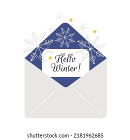 Sobre abierto con copos de nieve y chispas y tarjeta - Hola Invierno. Ilustración de plantilla vectorial aislada en estilo plano