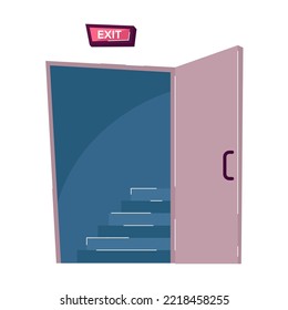 Opened exit door. Flat vector illustration. Worker escaping from office because of emergency situation or evacuation. Safety, fire escape, evacuation