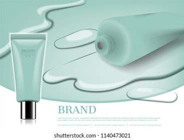 Opened facial foam with liquid and sample foam, cosmetic ad