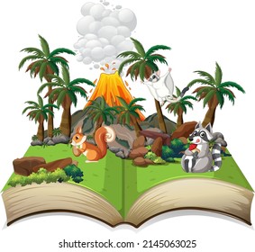 Opened fantasy book with cute animals  illustration